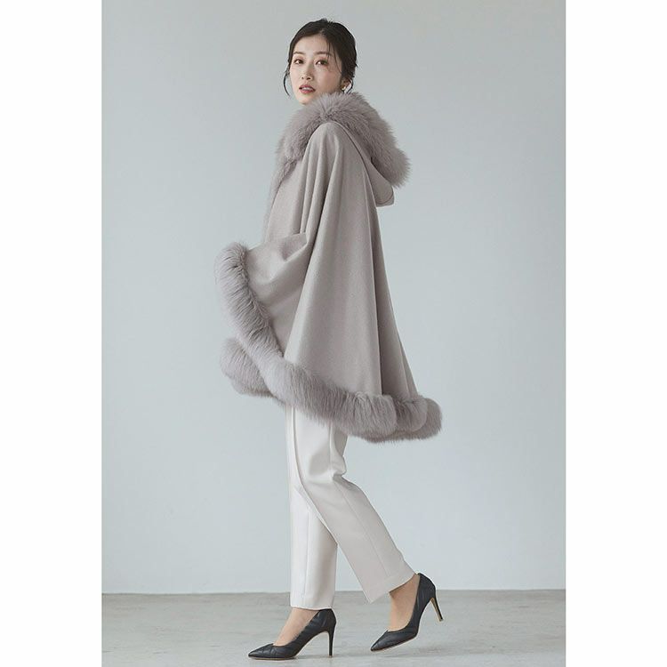 カシミヤケープフォックスファートリミングフード付きレディース