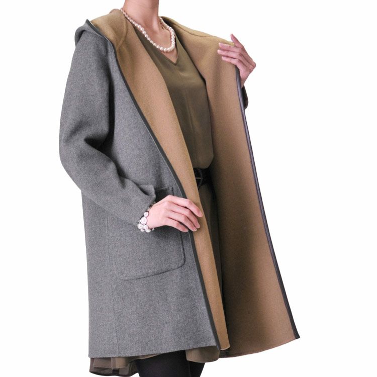 カシミヤ混 ＆ ウール 一枚仕立て コート ラム パイピング フード付き