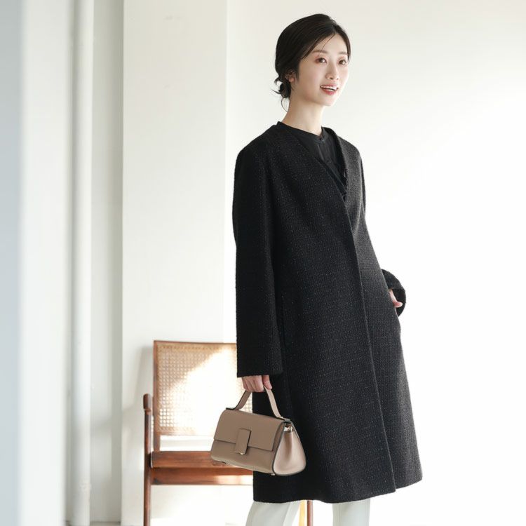 ノーカラー コート レディース Vネック J-white ブラック ラメ