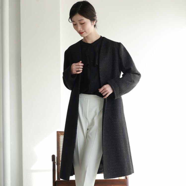 ノーカラー コート レディース Vネック J-white ブラック ラメ