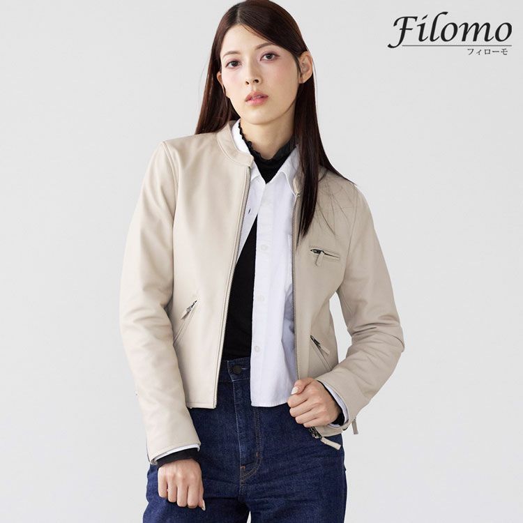 Filomo/フィローモラムライダースジャケットシングルナッパ加工レディース秋冬グレージュ/ペールブルー/ブラウン/ブラック