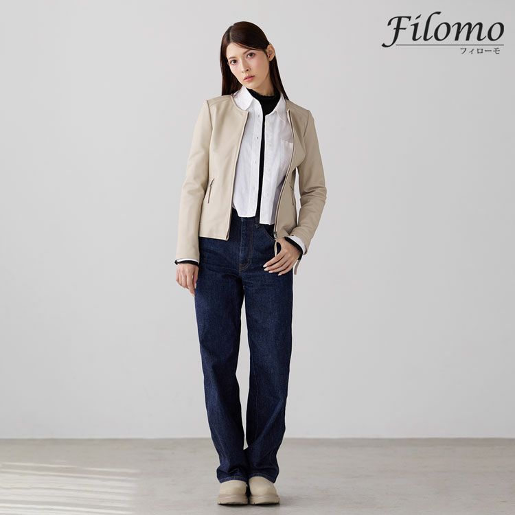 Filomo/フィローモラムレザージャケットノーカラーナッパ加工レディース秋冬ペールブルー/キャメル/ブラック