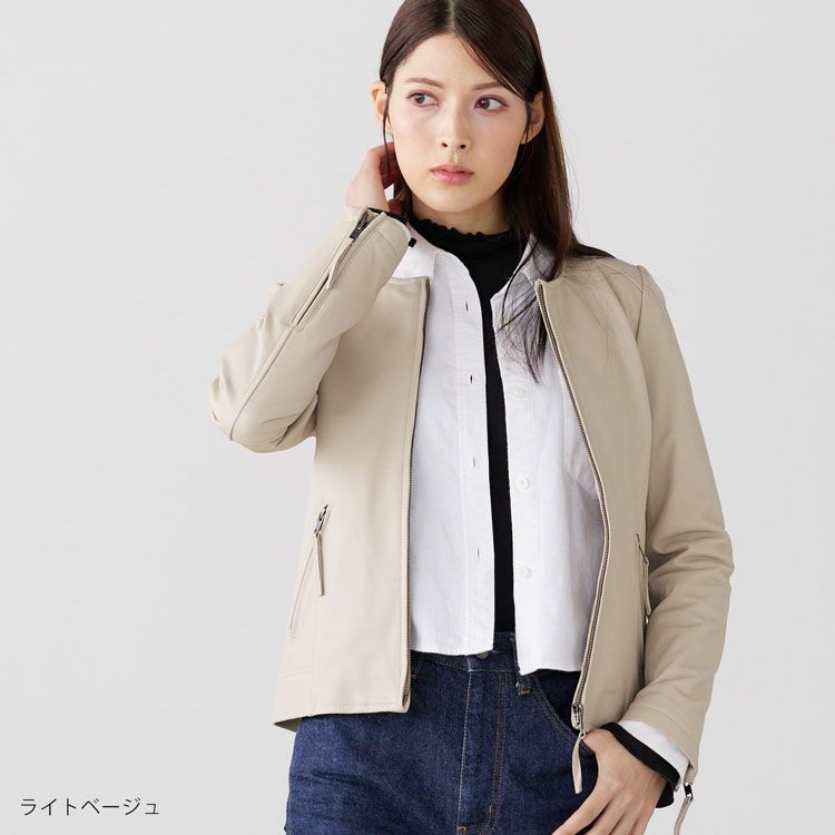 Filomo/フィローモラムレザージャケットノーカラーナッパ加工レディース秋冬ペールブルー/キャメル/ブラック