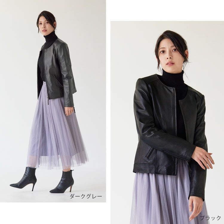 Filomo/フィローモラムレザージャケットノーカラーナッパ加工レディース秋冬ペールブルー/キャメル/ブラック