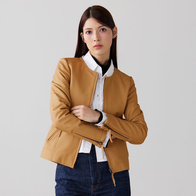 Filomo/フィローモラムレザージャケットノーカラーナッパ加工レディース秋冬ペールブルー/キャメル/ブラック