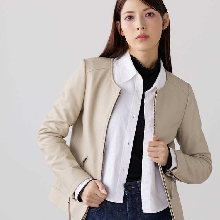 Filomo/フィローモラムレザージャケットノーカラーナッパ加工レディース秋冬ペールブルー/キャメル/ブラック