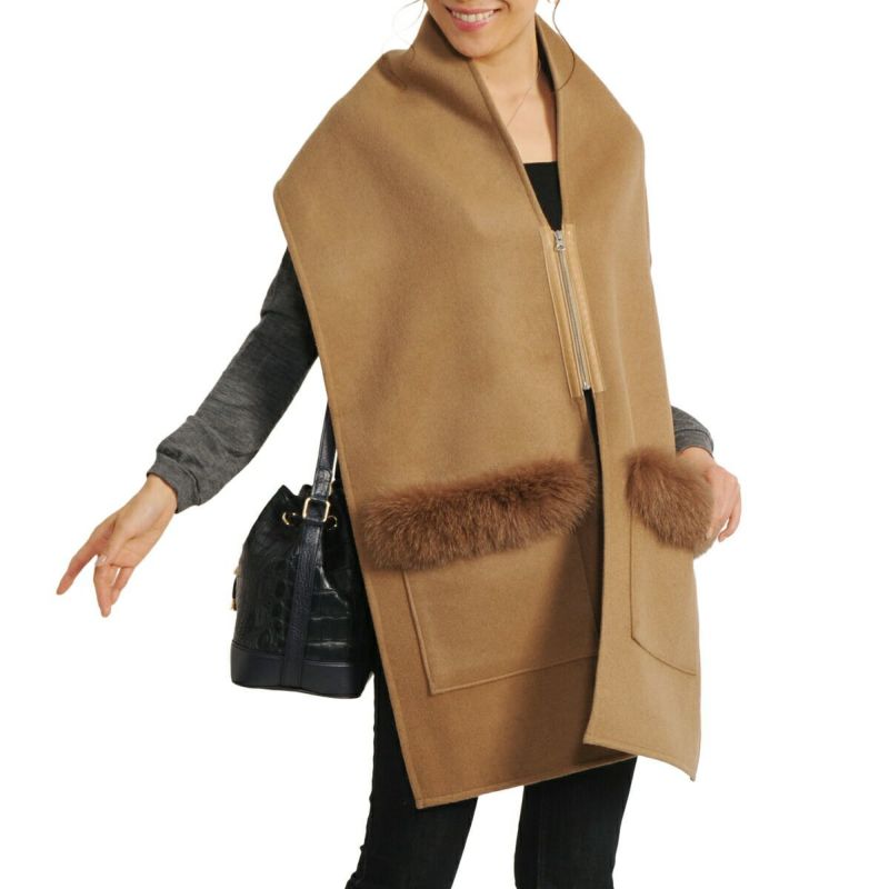 カシミヤ ブレンド ウール ポケット付きストール フォックスファー付 7F