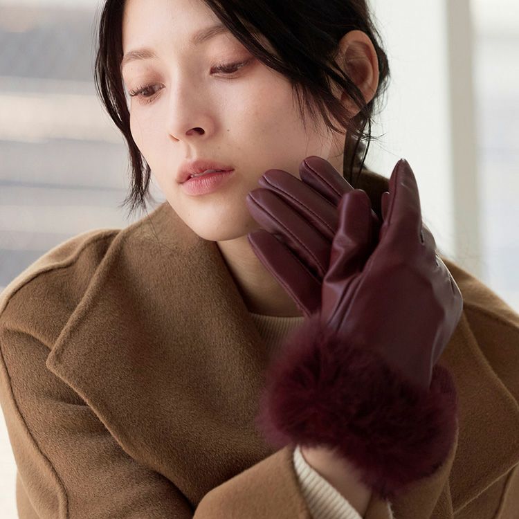 ラム レザー グローブ スマホ対応 手袋 ラビット ファー トリミング