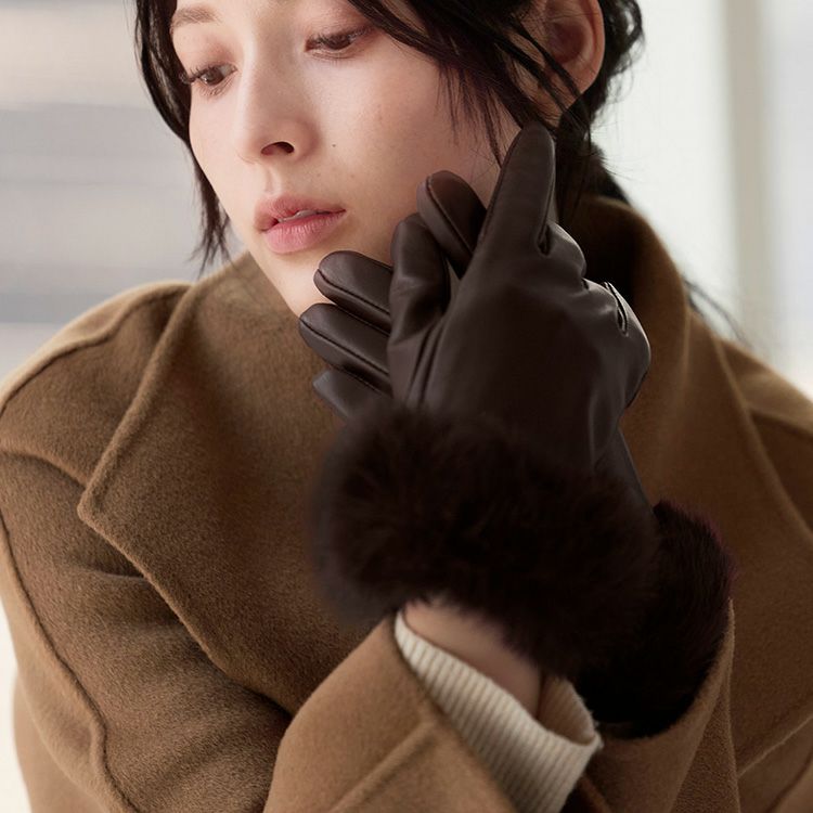 ラム レザー グローブ スマホ対応 手袋 ラビット ファー トリミング