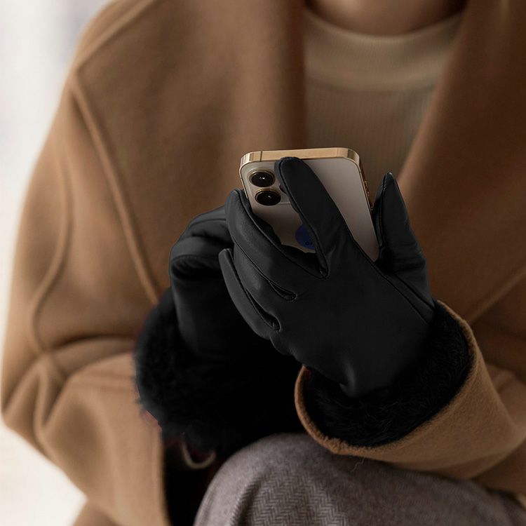 ラム レザー グローブ スマホ対応 手袋 ラビット ファー トリミング