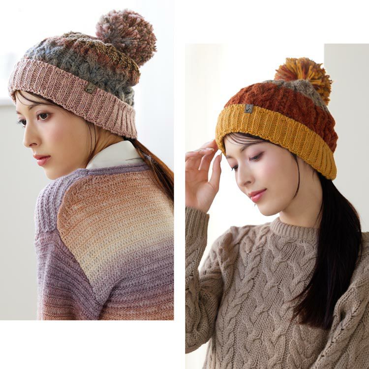 ニット帽イタリア糸ぽんぽん付き帽子レディース厚手
