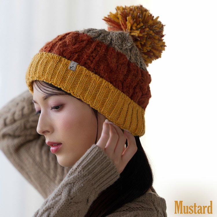 ニット帽イタリア糸ぽんぽん付き帽子レディースマスタード