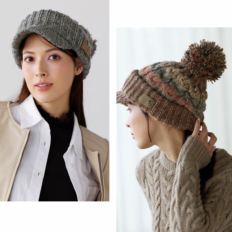 ニット帽つば付きポンポンニットキャップレディース