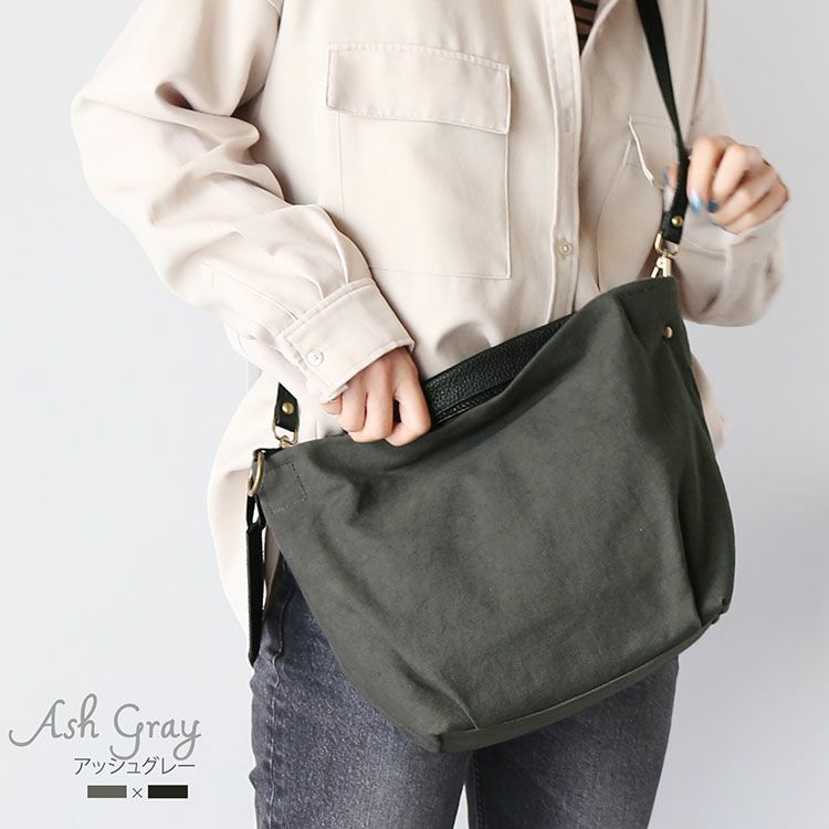 mienokapol帆布レザー2wayバッグレディースグレーチャコール