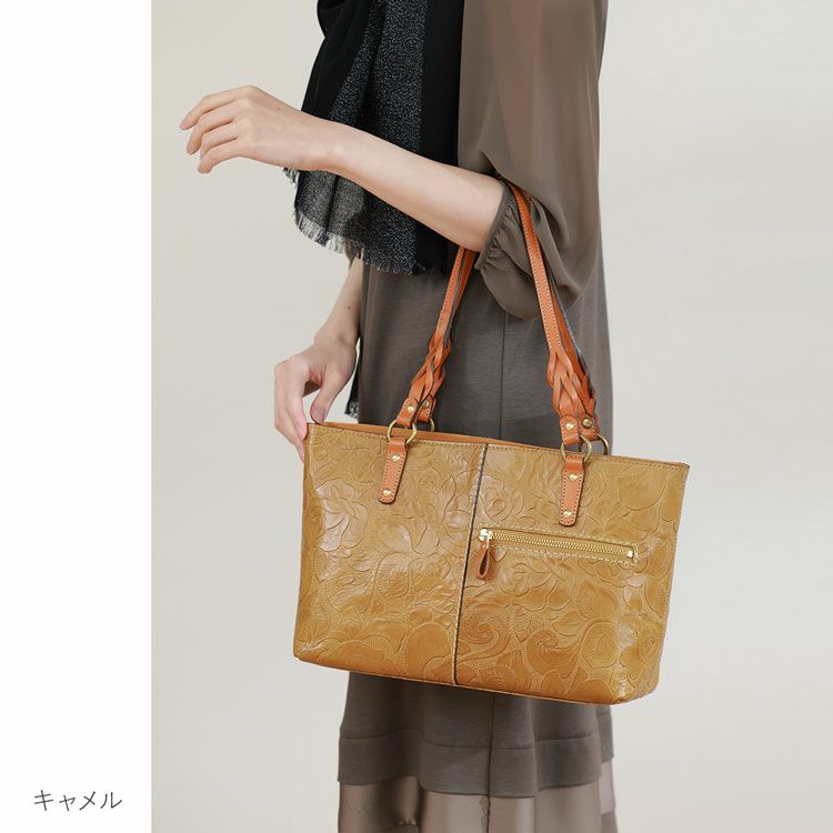 Jamale牛革レディーストートバッグ日本製キャメル