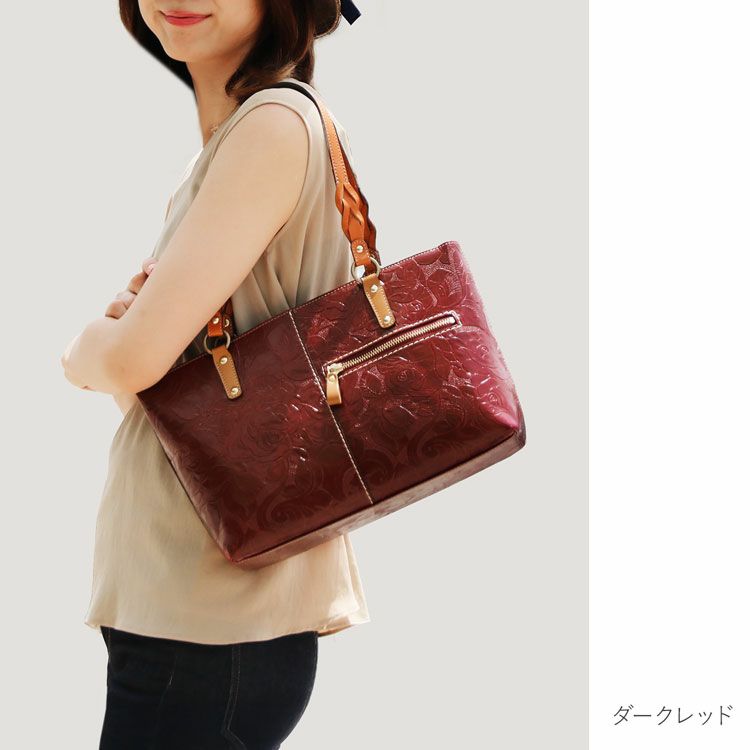 Jamale牛革レディーストートバッグ日本製ローズ柄ダークレッド