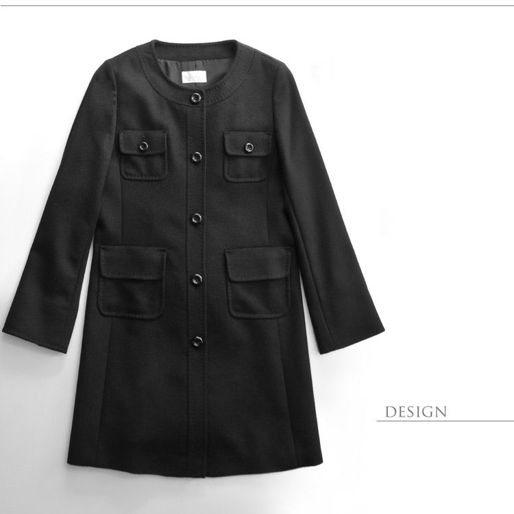 カシミヤ100％ノーカラーコートAライン85cmレディースブラック