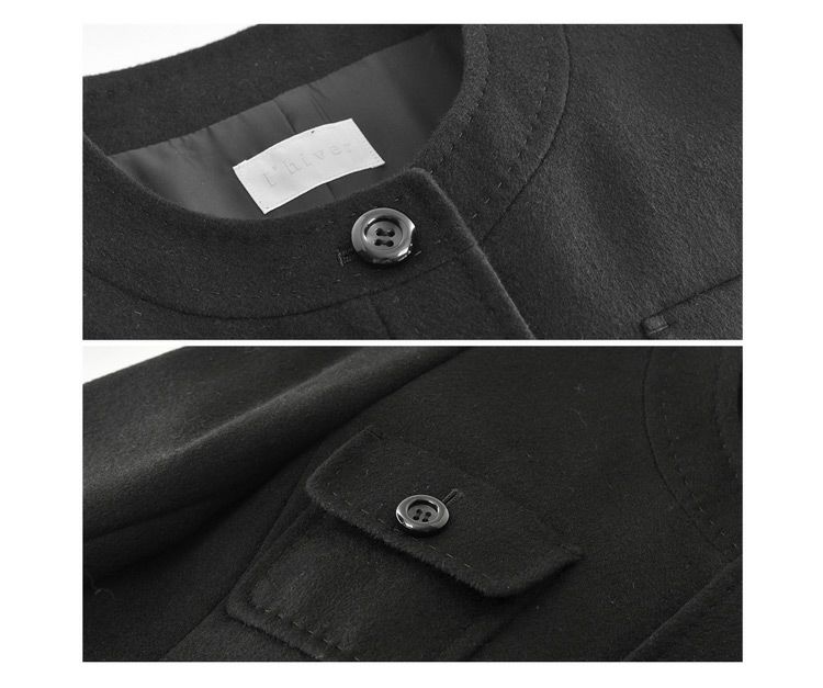 ノーカラーデザインとフラップポケットのカシミヤコート