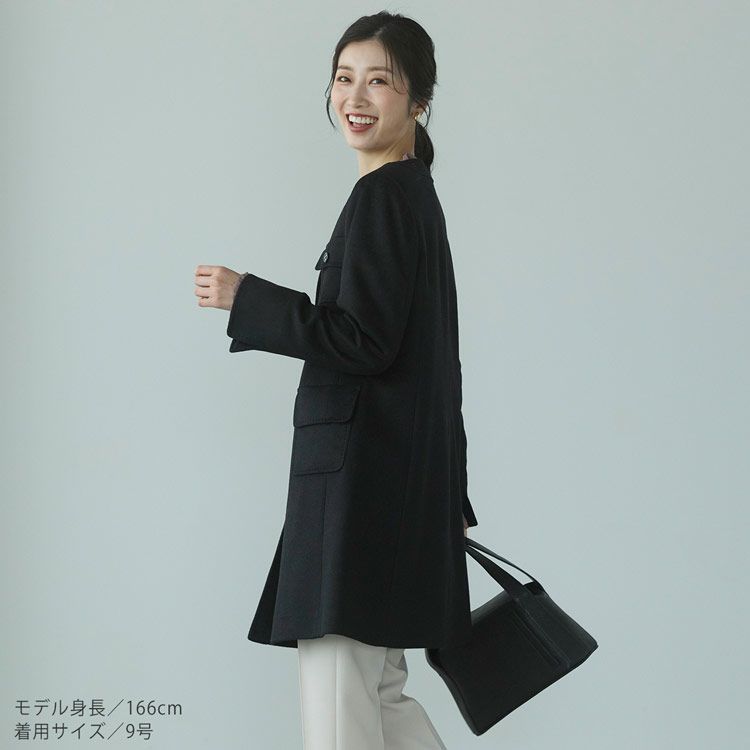 カシミヤ100％ノーカラーコートAライン85cmレディースブラック