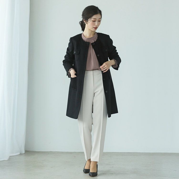カシミヤ100％ノーカラーコートAライン85cmレディースブラック