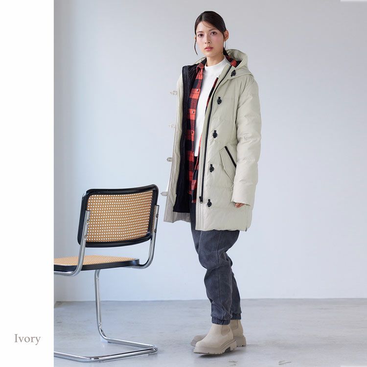 フード付きダウンコートレディースアイボリー白