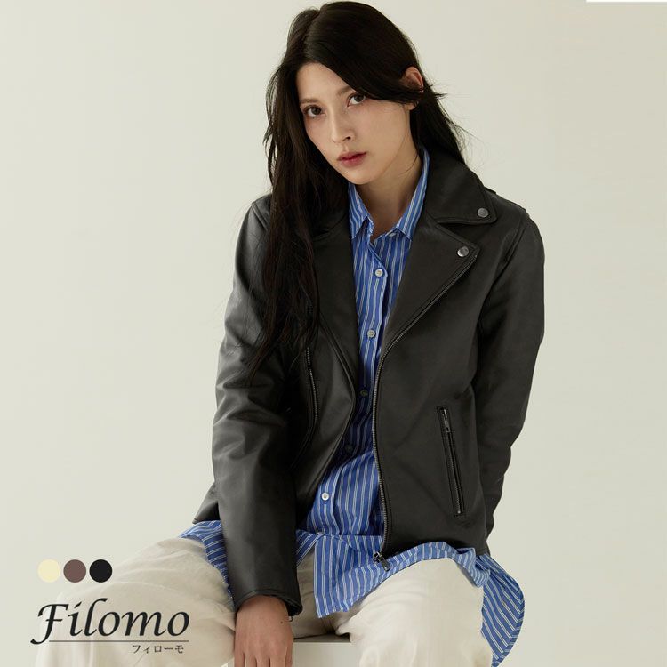 Filomo/フィローモラムレザーダブルライダースジャケットレディースナッパ加工秋冬ブラウン/ブラック本革バイカー大人アウター