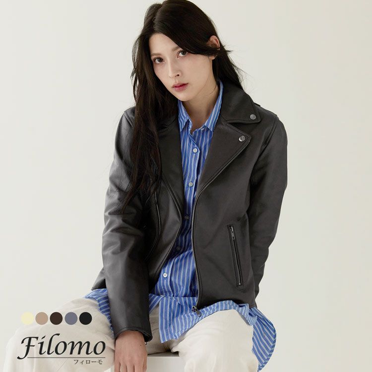 Filomo/フィローモラムレザーダブルライダースジャケットレディースナッパ加工秋冬ブラウン/ブラック本革バイカー大人アウター