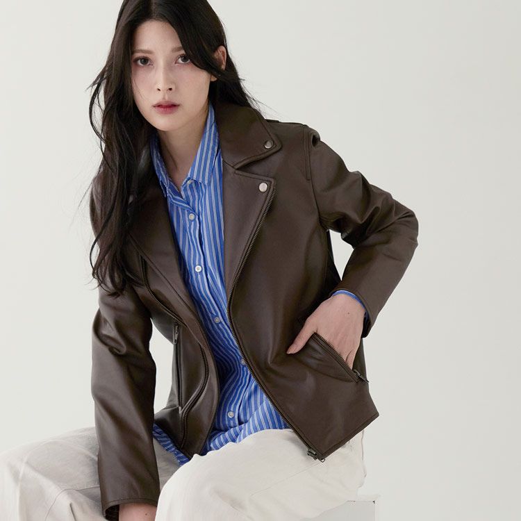 Filomo/フィローモラムレザーダブルライダースジャケットレディースナッパ加工秋冬ブラウン/ブラック本革バイカー大人アウター