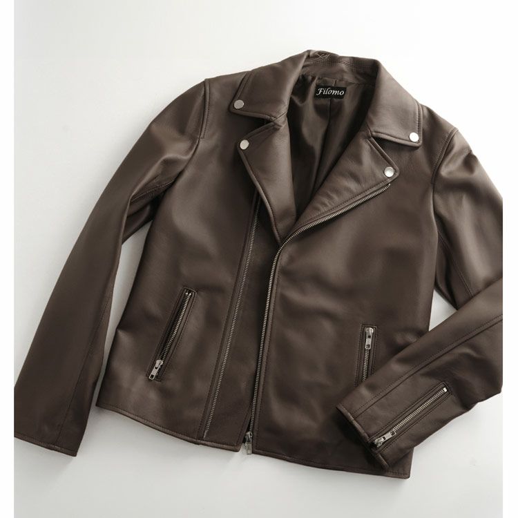 Filomo/フィローモラムレザーダブルライダースジャケットレディースナッパ加工秋冬ブラウン/ブラック本革バイカー大人アウター