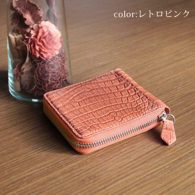クロコダイルラウンドファスナー二つ折り財布ミニ財布マットコンパクト小型財布ミニ小さい本革(No.06001680)