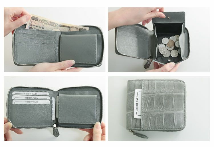 クロコダイルラウンドファスナー二つ折り財布ミニ財布マットコンパクト小型財布ミニ小さい本革(No.06001680)