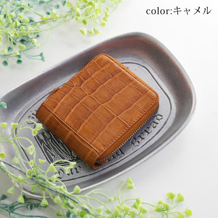 クロコダイルラウンドファスナー二つ折り財布ミニ財布マットコンパクト小型財布ミニ小さい本革(No.06001680)