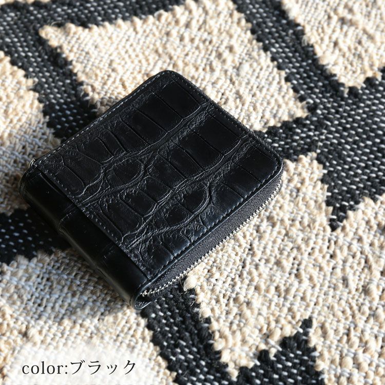 クロコダイルラウンドファスナー二つ折り財布ミニ財布マットコンパクト小型財布ミニ小さい本革(No.06001680)