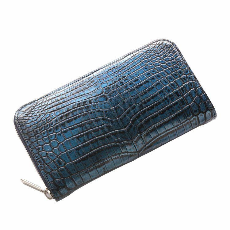 JRA認定品 J77.クロコダイル L字ファスナー 長財布 目地染め 紺 × 茶 ナイルクロコダイル革 L字ファスナー 長財布 | 手染め