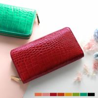 クロコダイル長財布レディースラウンドファスナーシャイニング加工ゴールドファスナー本革