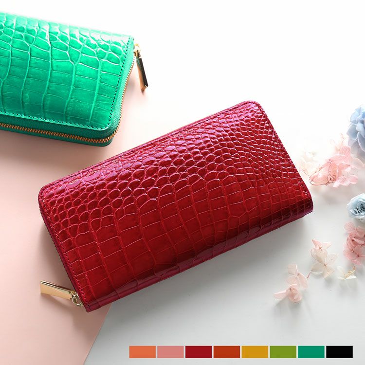 クロコダイル長財布レディースラウンドファスナーシャイニング加工ゴールドファスナー本革