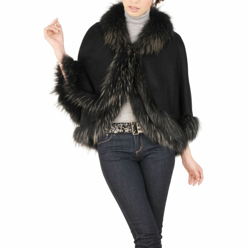 カシミヤ ケープ ラクーン ファー トリミング カシミヤ100％ 7F