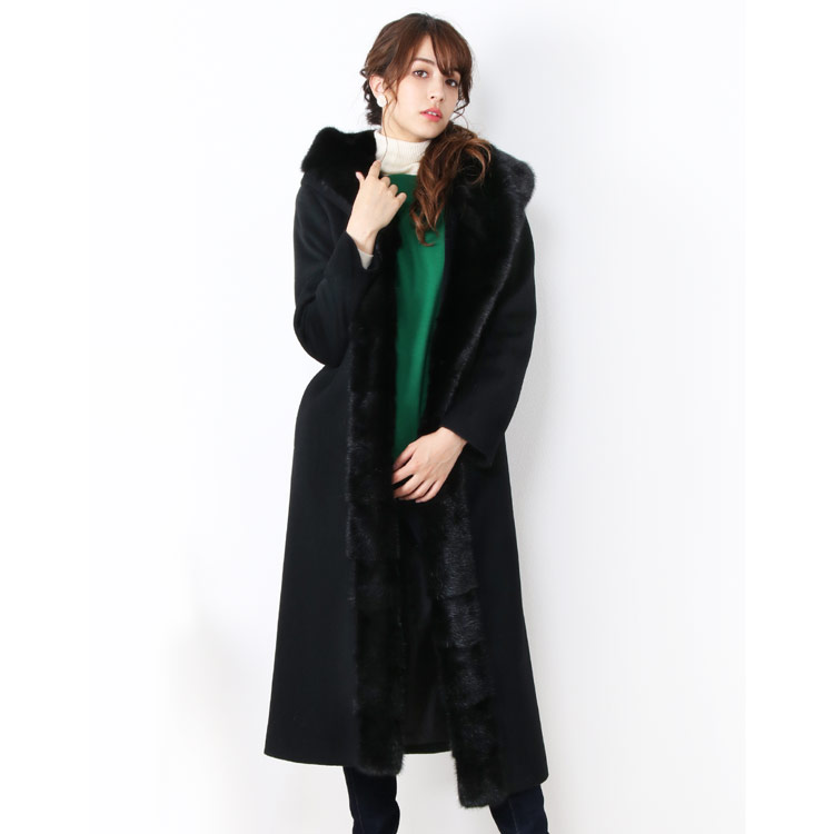 StALMEIDA高級ミンクファー付カシミヤブレンドロングコート黒ブラックF 