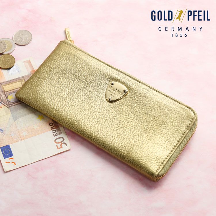 GOLD PFEIL 長財布 レディース 本革 L字ファスナー 革 ゴールドカラー 