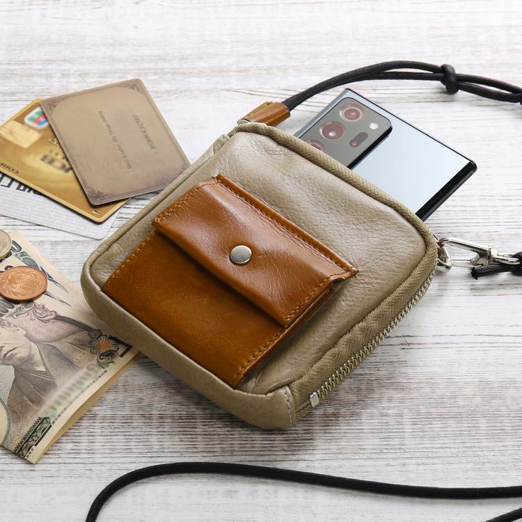 Jamale日本製牛革スマホポーチネックポーチメンズスライドパーツ飛び出すカード収納stairs