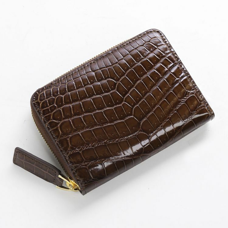 クロコダイル ミニ財布 メンズ 本革 シャイニング 加工 ラウンド