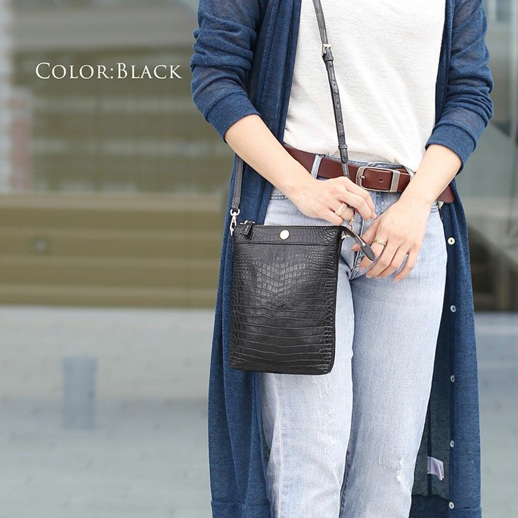 クロコダイルサコッシュワインレディース本革レザー