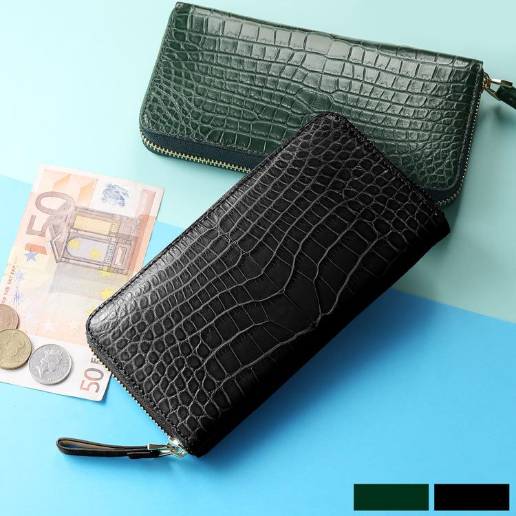 クロコダイル 長財布 レディース マット加工 ラウンドファスナー 一枚  