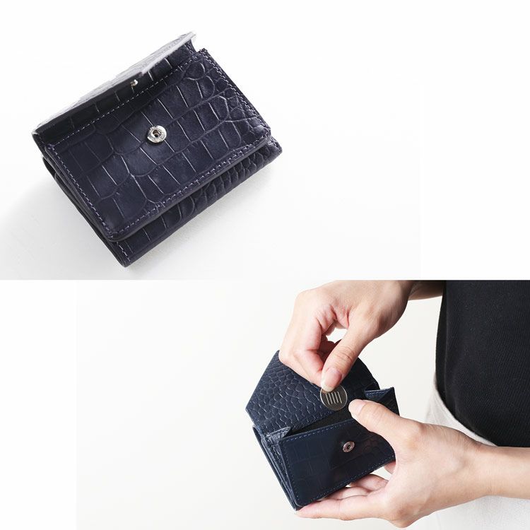 クロコダイル型押し財布ミニ小さい小さめミニウォレットコインケースメンズパープルブルー
