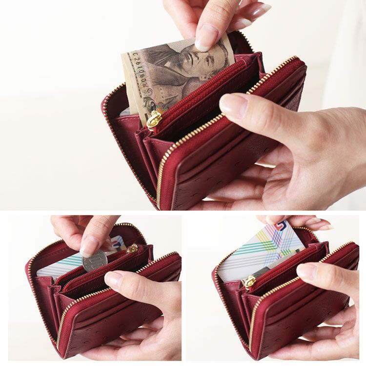 オーストリッチ財布コンパクト財布ミニ財布ラウンドファスナーレッド赤小さい小さめコンパクト