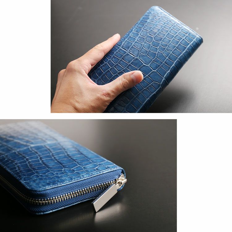 スモールクロコダイル日本製長財布藍染ラウンドファスナー