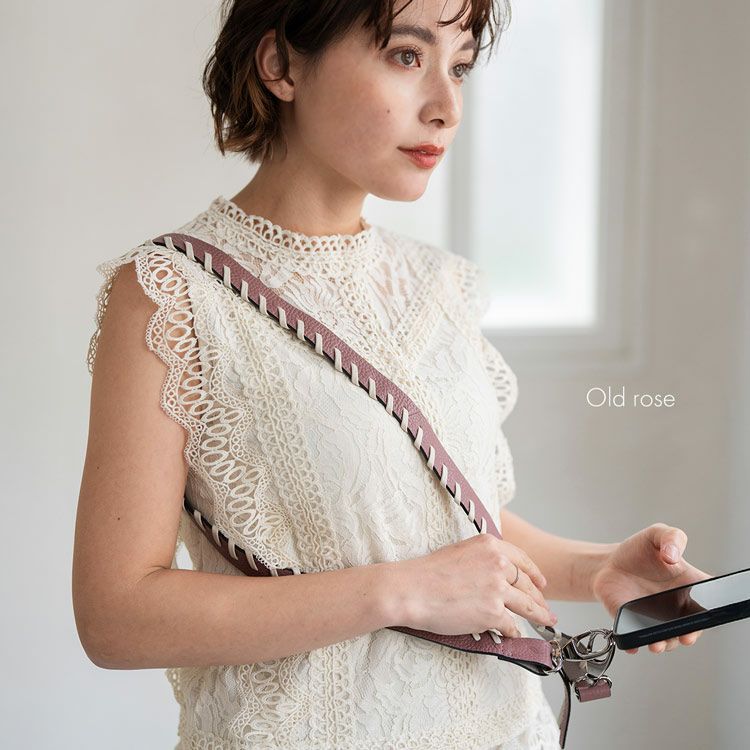 mienospiraスマホショルダーストラップ本革オールドローズ