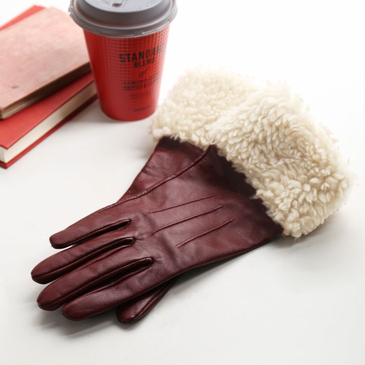 ラムレザーボアエコファートリミング手袋レディーススマホ対応かわいい暖かい防寒本革グローブ