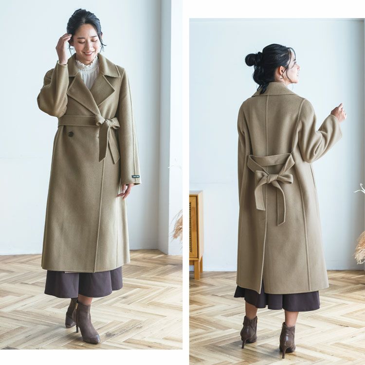 ロングコートコートチェスターコートアウター冬秋ダブルフェイス暖かいロング丈ベルトリボンベルト付きかわいいベージュ淡色淡い