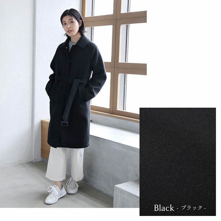 ステンカラーコート尾州ウールウールコートブラック